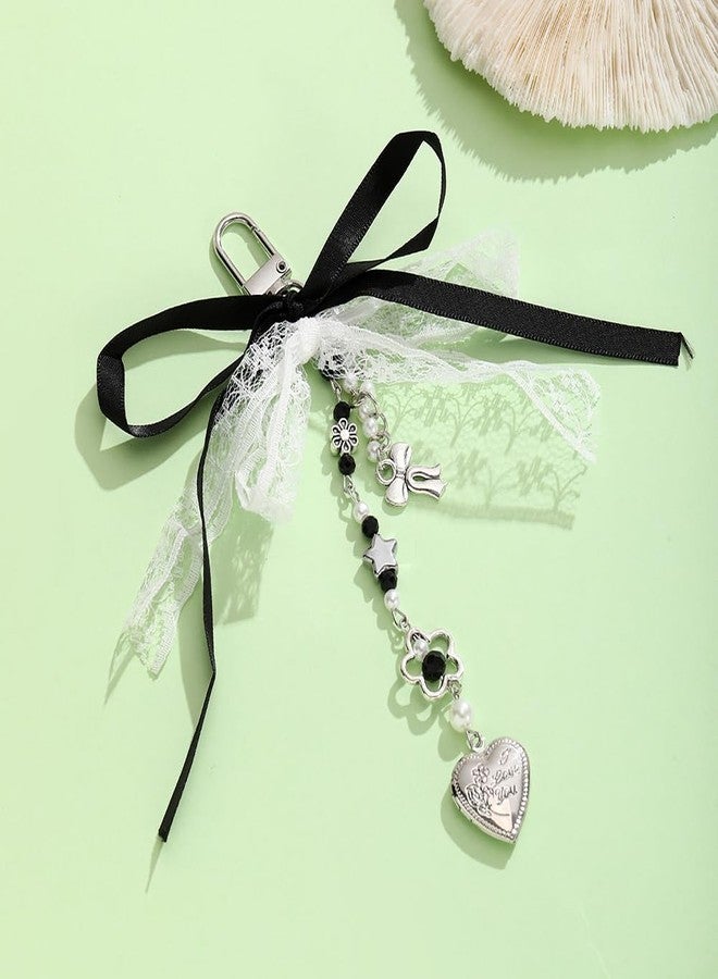 Dhdfisd Bow Keychain Y2K Coquette Aesthetic Bow Heart Pearl Flower Lace Ribbon Keychain Cute Bag Purse Handbag Charm (Black bow) - Image 3